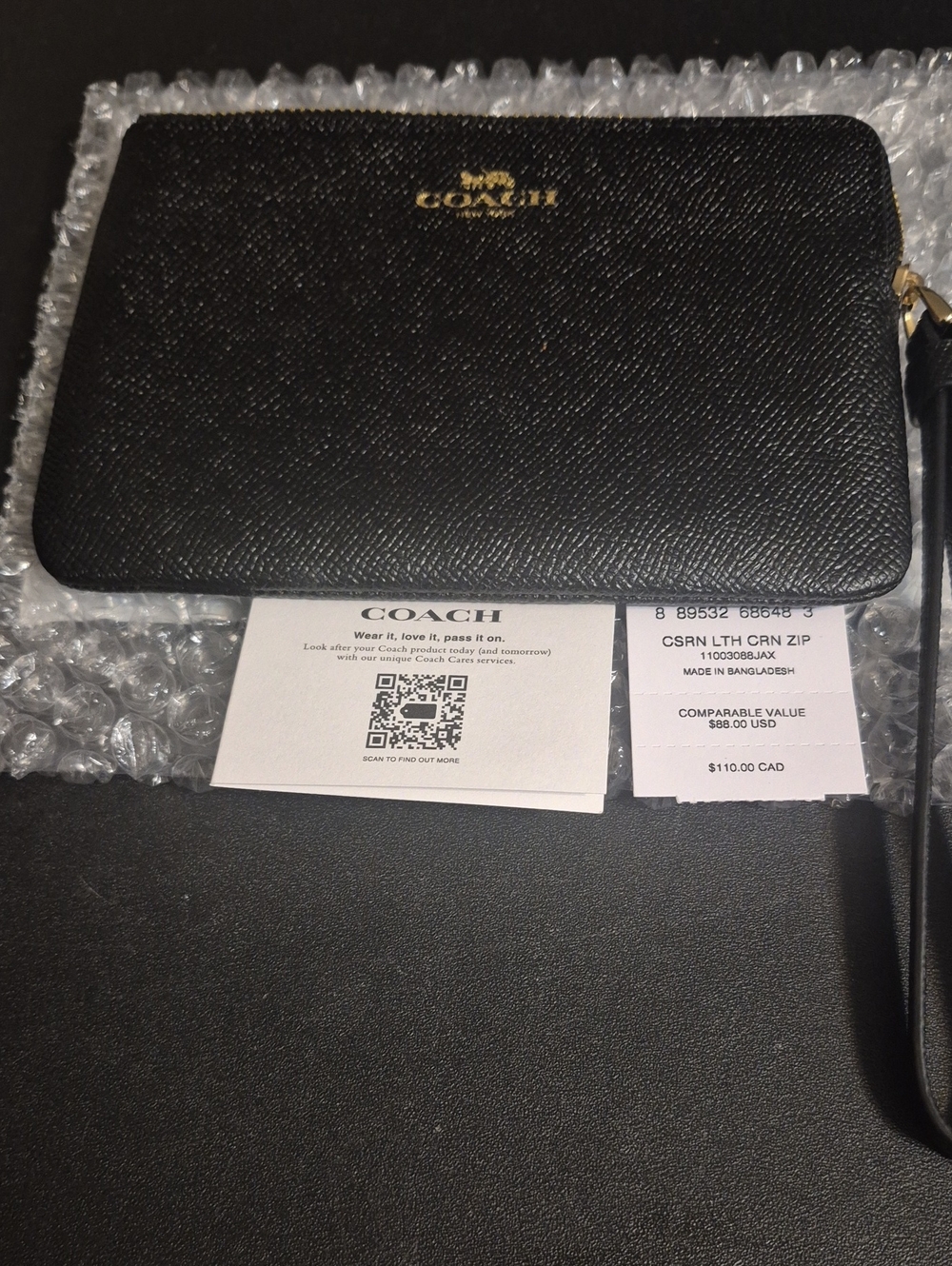 Coach Black Saffiano Leather Zip Wristlet with Gold Logo
